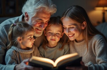 Grandfather and grandmother reading book with two granddaughters. Elderly couple and children sit together. Family enjoys reading time. Grandparents share story with kids. Children listen to book.