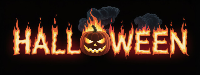 Fiery Halloween text with a spooky pumpkin a festive design element for holiday promotions and spooky events isolated on a black background