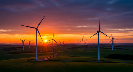 Wind Turbines Silhouetted Against a Vivid Sunset, Generating Clean Energy Across Rolling Green Fields