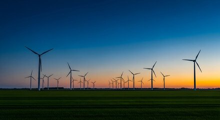 Wind Turbines Silhouetted Against a Dramatic Sunset over a Lush Green Field, Generating Clean Energy