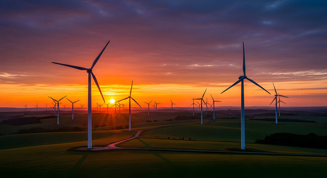 Wind Turbines Silhouetted Against a Vivid Sunset, Generating Clean Energy Across Rolling Green Fields