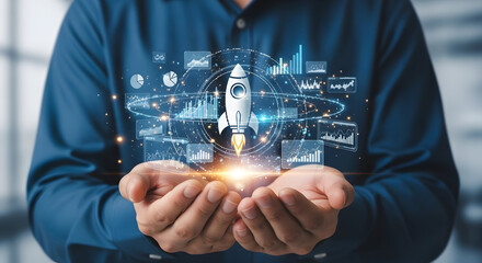 Businessman Holding Futuristic Rocket and Financial Data Visualization Representing Business Growth and Startup
