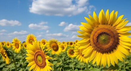 Obraz premium Golden Sunflower Field Under Azure Sky: Abundance of Yellow Blooms in Summertime Landscape Rural Beauty Floral Delight Crop Field Scenery Rural Horizon Blooming Season Agriculture