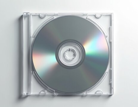 Clear plastic CD case with shiny silver disc inside on white background. Compact disc in transparent plastic holder. Open empty case for CD-ROM or music CD.