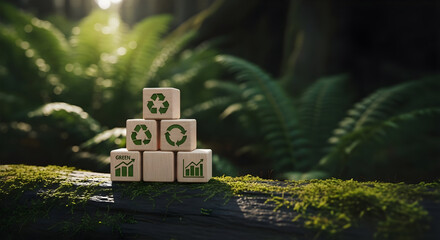 Wooden Blocks with Recycling and Growth Icons on a Moss-covered Log in a Lush Green Forest Environment