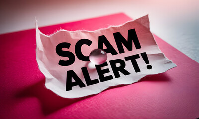 Scam Alert Message on Torn Paper with a Glass Orb, Warning Against Deception, Pink Background