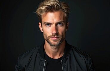 Fototapeta premium Handsome blond man portrait studio against dark background. Attractive male model with stylish haircut looking at camera. Confident face expression. Fashionable modern photo.