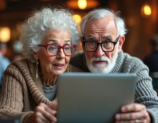 An elderly couple is using a laptop in a cafe. They are both surprised looking at the screen. The woman wears glasses the man wears spectacles. They seem shocked.