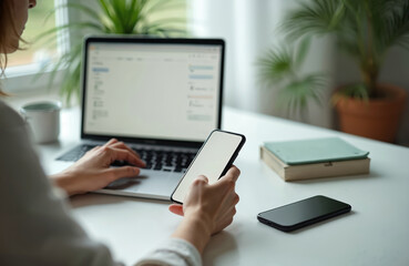 Woman uses laptop and smartphone on white desk. Person works with clean computer screen and mobile phone. Modern workspace with plant and book.