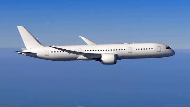 White airplane Boeing 787 flying cruising above the clouds in a blue sky background. Side view angle. Modern passenger jet airplane.