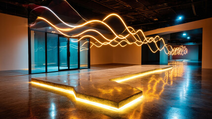 A neon light installation in a gallery space, with the lights creating wavy patterns on the floor and walls