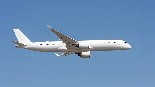 White airplane Airbus A350 flying cruising in a blue sky background. Side view low angle. Modern passenger jet airplane.