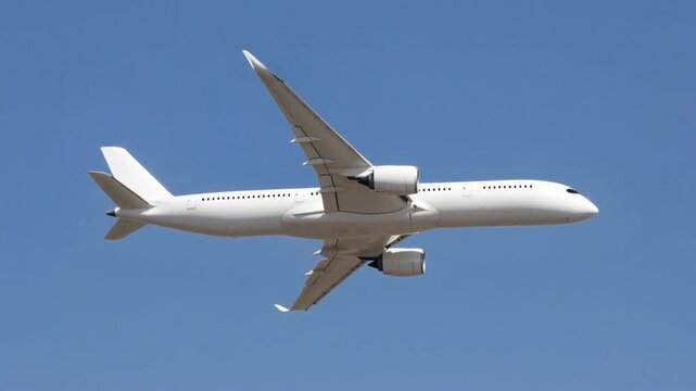 White passenger airplane Airbus A350 flying in a blue sky background. Side view low angle. Modern passenger jet airplane.