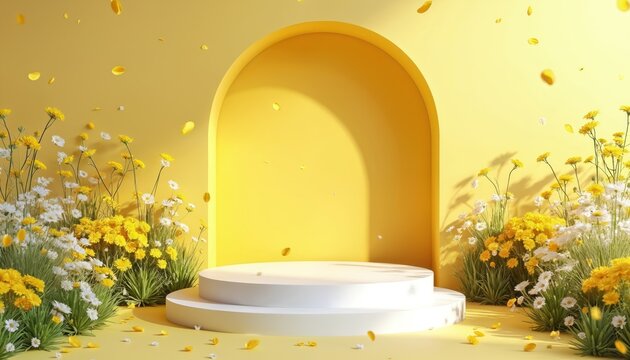 Minimalist yellow studio with white round podium for product display. Fresh yellow, white flowers, green grass, falling petals create vibrant spring summer scene. Soft sunlight, arch background ideal