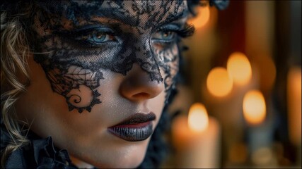 A close-up portrait of a woman wearing a black lace masquerade mask, illuminated by candlelight. The soft bokeh and dramatic makeup evoke mystery, romance, and elegant intrigue. - Powered by Adobe