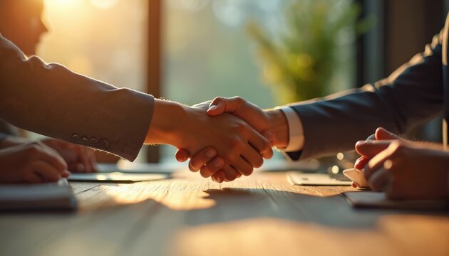 Business people shake hands at meeting. Partnership concept in finance sector. Two men shaking hand. Agreement between firms on bright sunset window background. Corporate collaboration at - Powered by Adobe