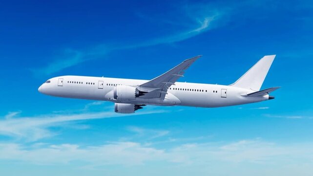 White passenger airplane Boeing 787 flying in a blue sky background. Side view low angle. Modern passenger jet airplane.
