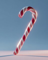 Fototapeta premium Shiny red and white striped candy cane glowing with backlight, standing on snow against soft blue background 