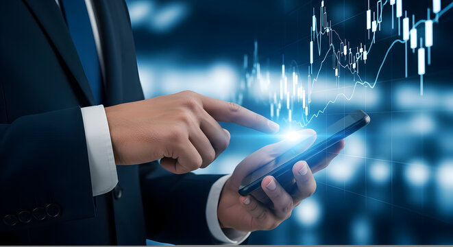 Businessman Analyzing Stock Market Trends on Smartphone: Financial Investment and Trading Concept