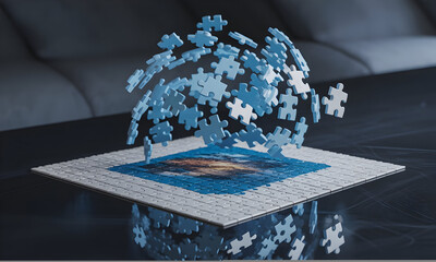 Levitating Puzzle Pieces Forming a Sphere Above a Completed Jigsaw Puzzle, 3d Render