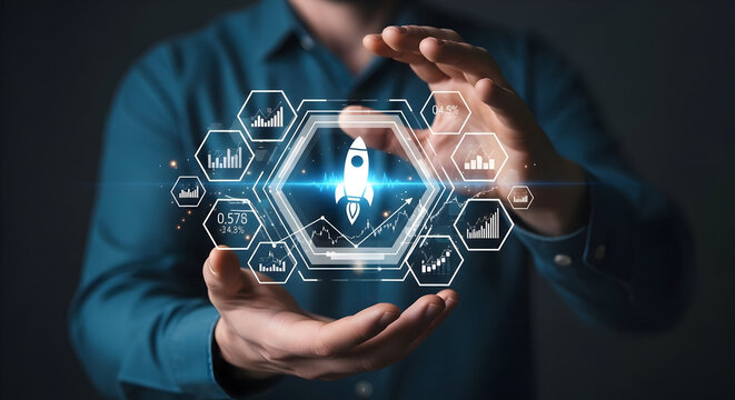 Hands Presenting a Start-up Rocket Launch with Infographics Displaying Business Growth and Financial Success on Hologram