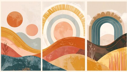 Boho Landscape Art Set - Abstract Hills and Celestial Elements.