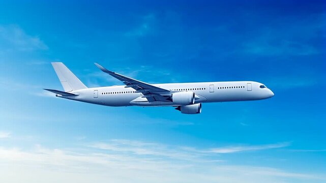 White passenger airplane Airbus A350 flying in a blue sky background. Side view angle. Modern passenger jet airplane.