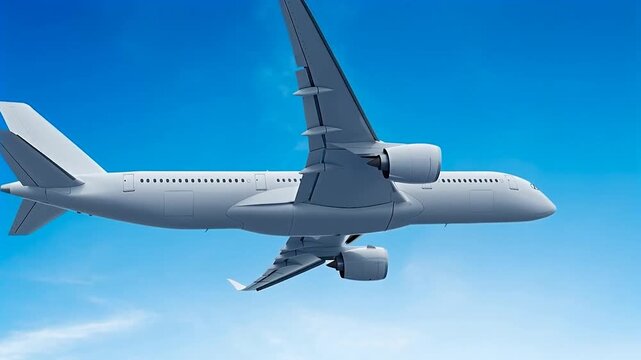 White passenger airplane Airbus A350 flying in a blue sky background. Side view low angle. Modern passenger jet airplane.