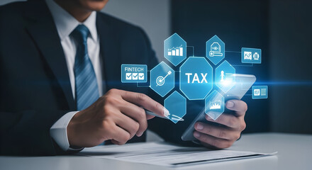 Businessman Using a Smartphone to Calculate Taxes with Fintech Integration and Financial Data Visualization