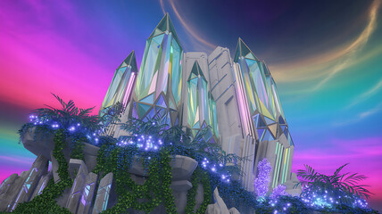 Fantasy crystal castle structure with vibrant aurora sky and glowing plants building