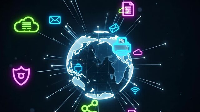 Digital globe with internet connection icons and a man jogging on a city street, global network and healthy lifestyle concept footage - Powered by Adobe