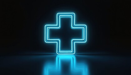 Obraz premium Neon blue cross symbol on dark background. Glowing medical sign with reflection on floor. Digital illustration of first aid icon. Blue light cross shape. Medical help abstract symbol.