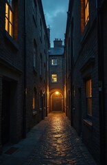 Fototapeta premium Narrow cobblestone alleyway between brick buildings at night. Dark passageway with arched doorway and lit windows. Old traditional architecture in London. Quiet and peaceful urban scene.