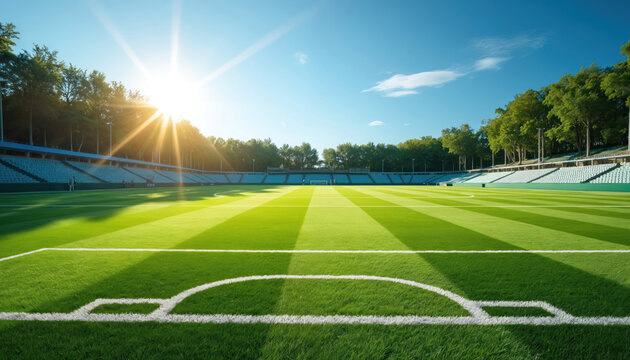 Empty soccer field with green grass, white marking stripes. Football stadium, blue sky, bright sun on beautiful summer day. Sports, active lifestyle. Green grass pitch with white lines. Stadium with - Powered by Adobe