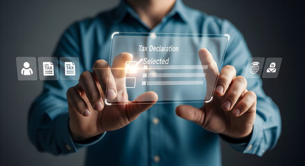 Man Interacting with Tax Declaration Interface: Digital Tax Filing, Form Selection, and Financial Technology Concept