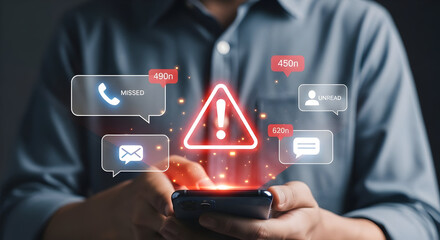 Alert Icon and Notification Overload on Smartphone Screen: a Busy Digital Life, Unread Messages and Missed Calls