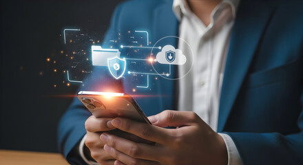Man Using Smartphone with Digital Security Shield and Cloud Icon Overlay