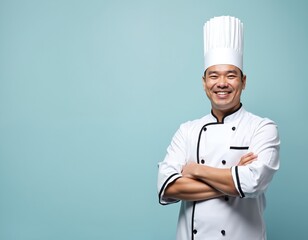 Asian male chef stands with arms crossed smiling confidently. He wears white uniform and tall hat. His expertise in culinary arts is evident. Light blue backdrop.