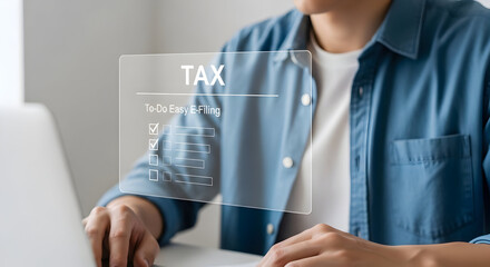 Person Completing Tax E-filing Checklist on a Laptop, Financial Concept, Digital Tax Form, Online Taxation