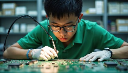 Technician solders circuit board at workstation. Asian man works with electronic components using soldering iron. Engineer repairs equipment in factory. Microchip production with skilled labor. Clean