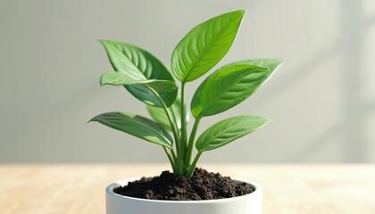 Healthy green plant grows in white pot. Lush leaves unfurl upwards. Soil rich and dark. Natural light creates soft shadows. Indoor gardening, simple life.