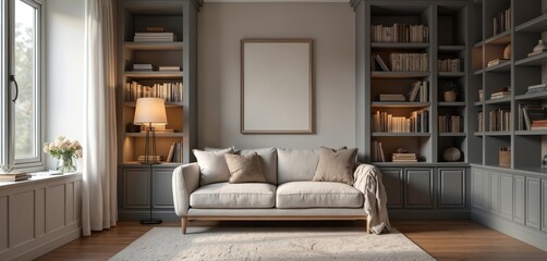 Cozy home interior beige sofa, built-in grey bookshelves with many books. Floor lamp provides warm ambient light. Bright window offers natural light. Blank framed picture on wall. Comfortable room