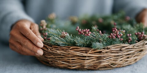 Person is holding a wreath with green and red berries