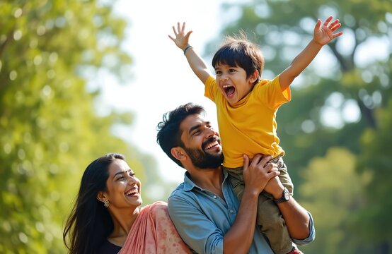 Cheerful Indian parents assisting son in flying at park. Family enjoys outdoors, man holds boy on shoulders, woman looks on. Three people laughing, fun in green nature. Boy with arms raised, feeling