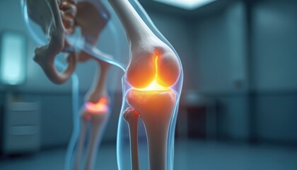 Knee joint anatomy with pain highlighted in orange. Human skeleton medical visual. Bone structure in 3D. Knee injury concept. Arthritis. Doctor, clinics use this art for science, medicine