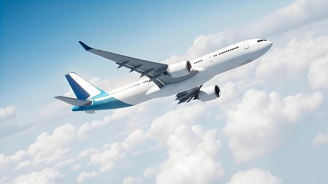 White passenger airplane blue tail flying above the clouds in a blue sky background. Low view angle. Modern passenger jet airplane.