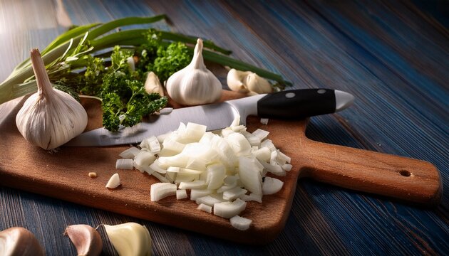close up of chopped onions garlic and herbs on wooden cutting board garlic knife