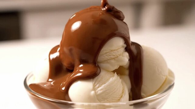 Hot fudge cascades down a mountain of ice cream scoops.