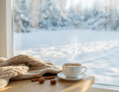Cozy winter scene with a cup of coffee a warm blanket and a snowy landscape view from the window perfect for relaxation and seasonal promotions