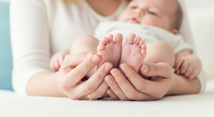 Woman holding a newborn baby feet. Motherhood and nurture concept. New life, family care, gentle parent hand protecting child foot.